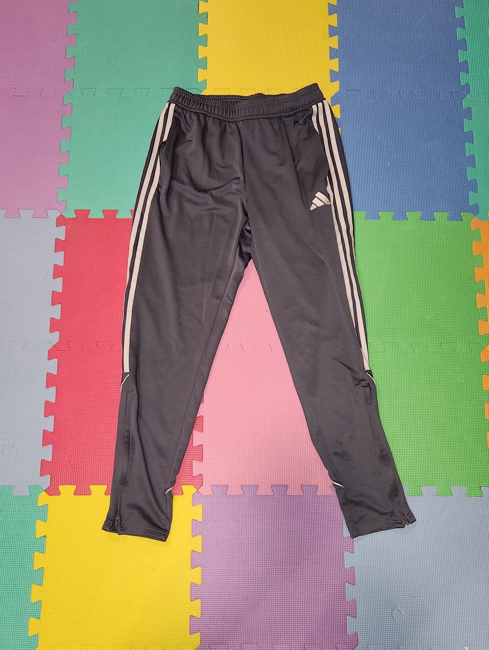 adidas Gray Joggers with White Side Stripes, Zip Pockets, Size MT